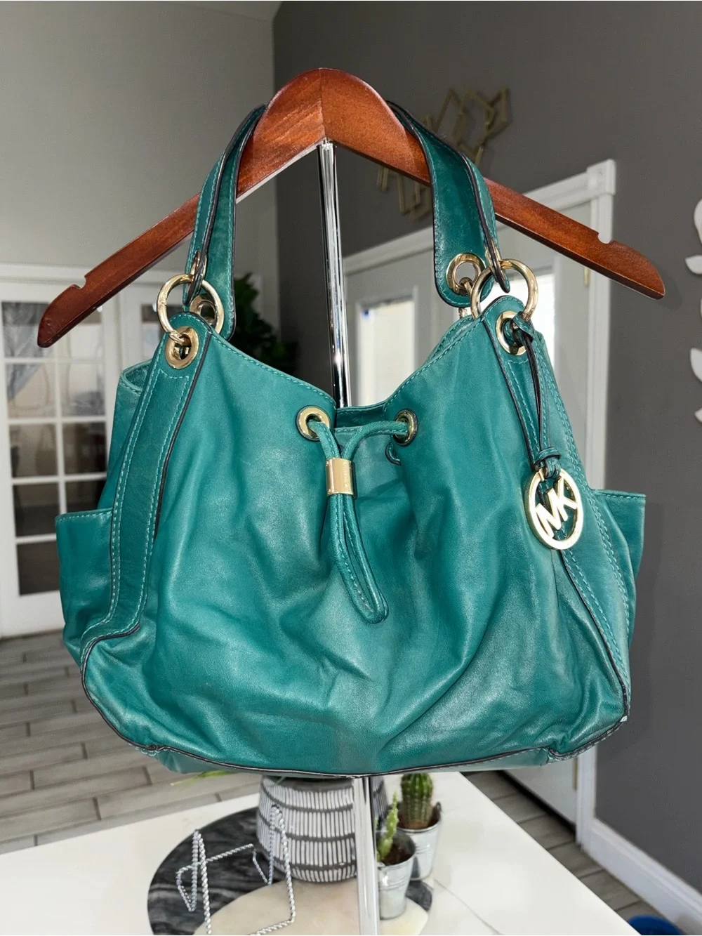 Michael Kors Green Leather Shoulder Bag with Gold Accents